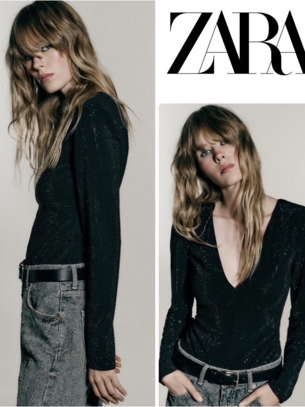 Zara Black Studded V-Neck Long Sleeve  bodysuit .